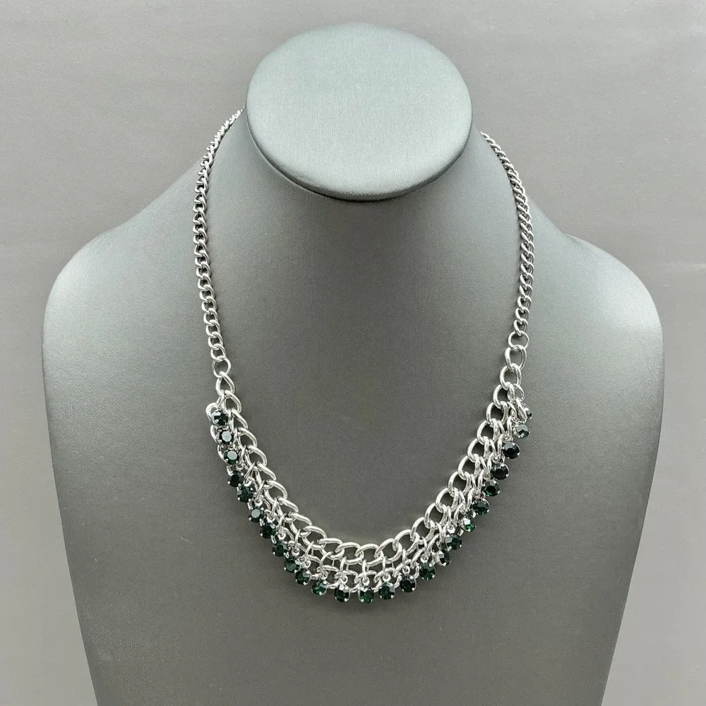Necklace Green Rhinestone Silver Tone Chunky Chain Bib Statement Dangle Collar
